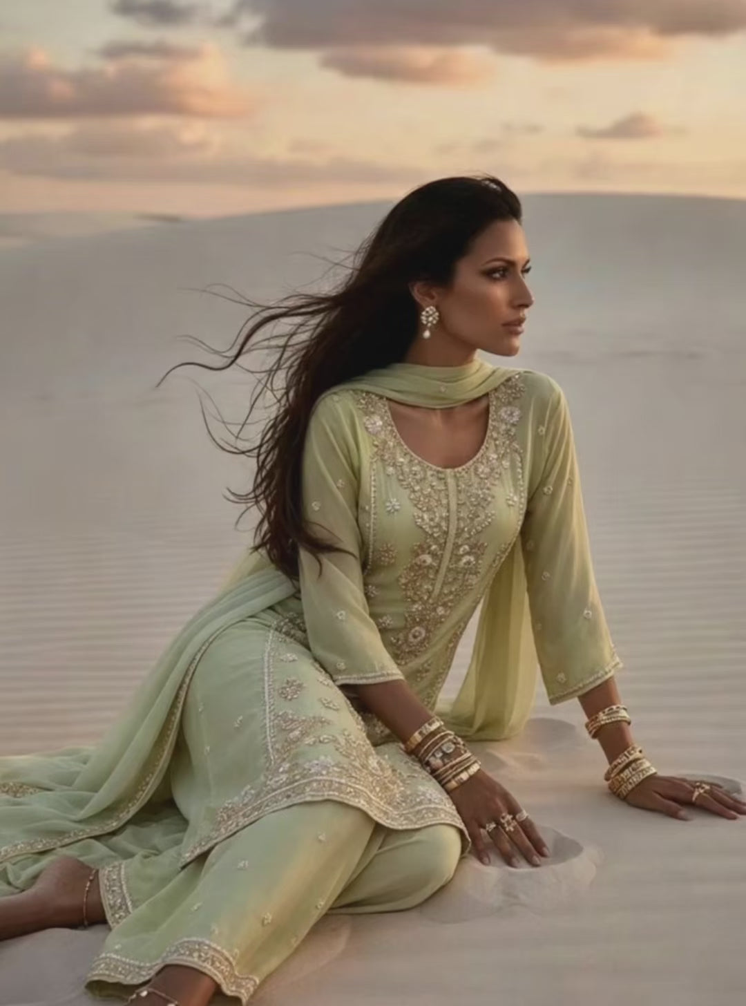 Diya Pistachio Green Silk Blend Hand embellished  Kurta Palazzo Set  video 